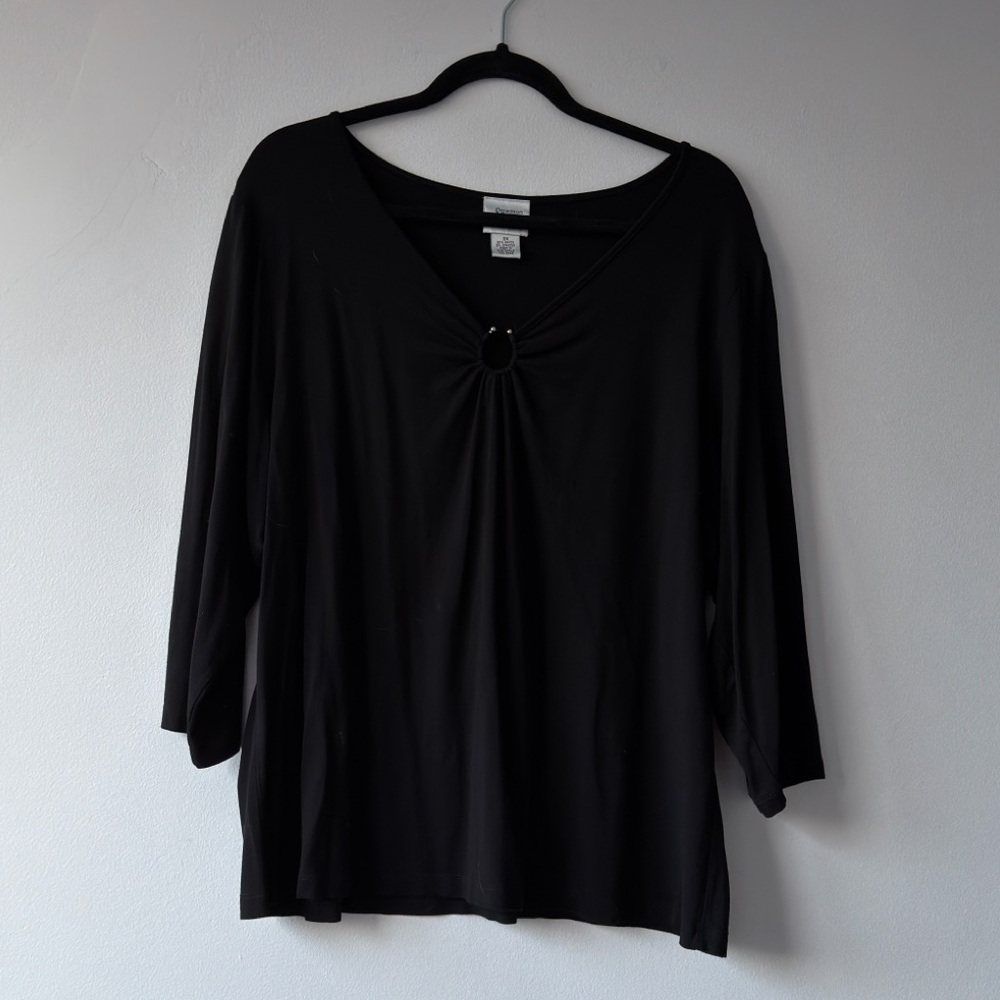 Madison & Max Woman Black V Neck Ring Detail 3/4 Sleeve Knit‎ Top 3X
